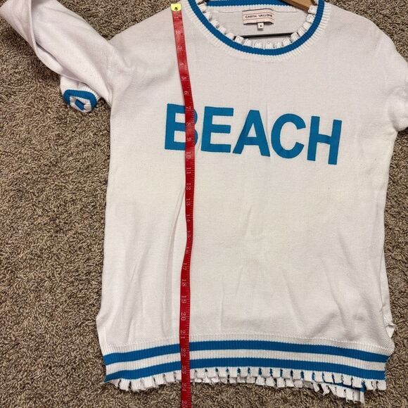 Caryn Vallone White & Aqua Blue Beach Designer Sweater, Lightweight - Picture 3 of 5